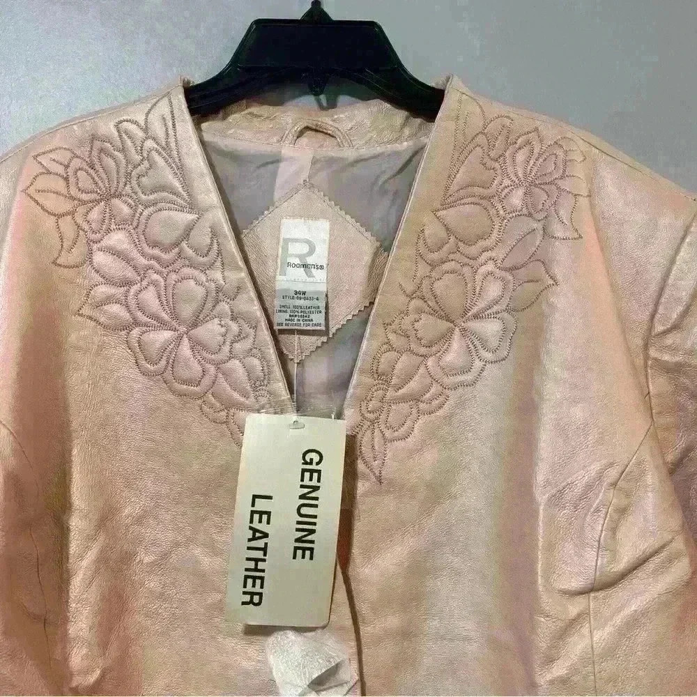Roaman’s Vintage Women’s Leather Plus Size Jacket Size 34W Light Pink Embroidery - Picture 4 of 12